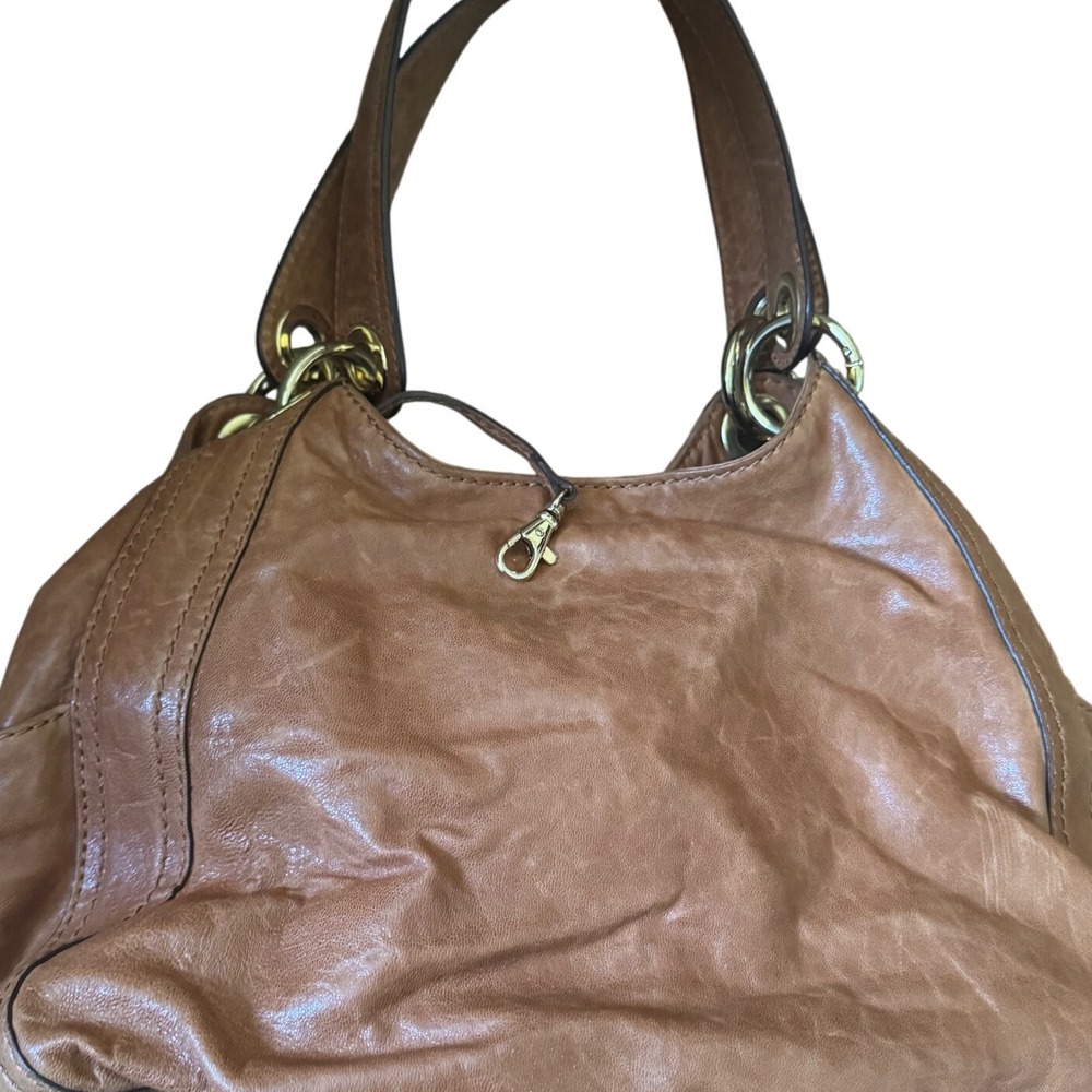 Michael Kors Leather Cognac Slouchy Drawstring Gold Tone Hardware Tote Bag - Picture 3 of 12